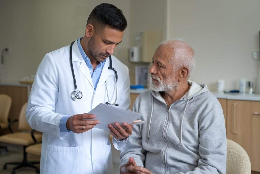 Médecin parle à un patient âgée