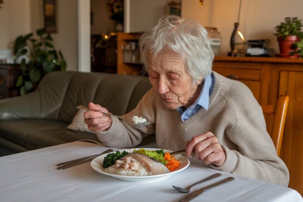 personne agée en train de manger chez elle